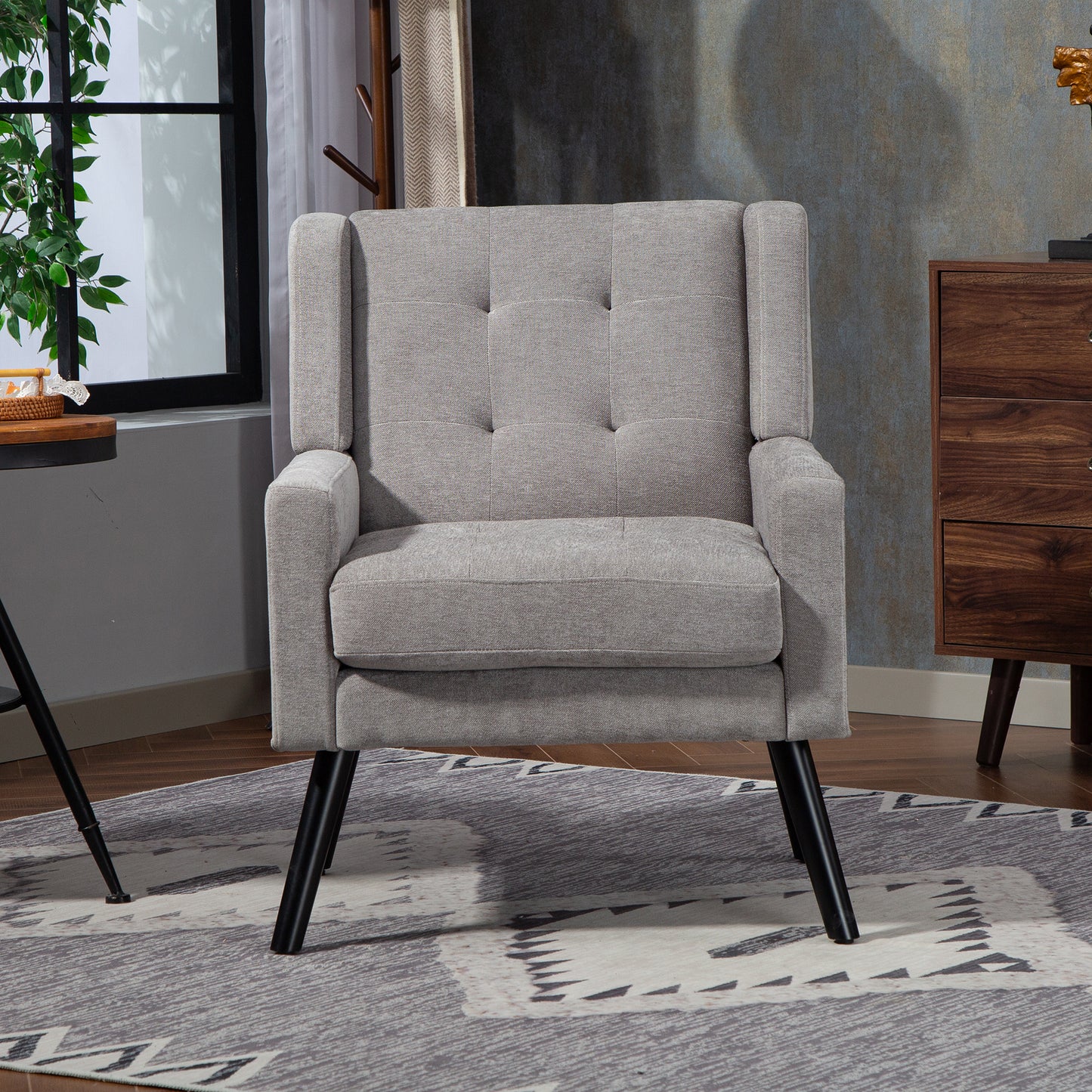Upholstered Chair With Button Upholstery In Suede - Mid-Century Modern Armchair With High Density Foam Cushions And Solid Wood Legs For Small Spaces Living Room, Bedroom, Office