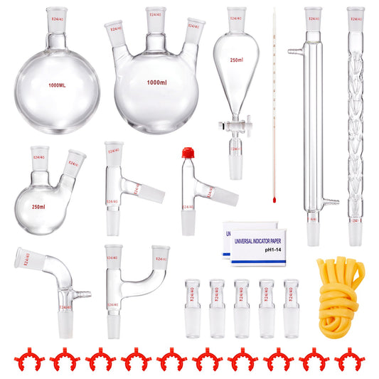 Lab Distillation Kit, 3.3 Boro Lab Glassware Distillation Kit With 24, 40 Joint, 1000ml Essential Oil Distillation Apparatus Kit, 29 Pcs Set Of Glassware Equipment