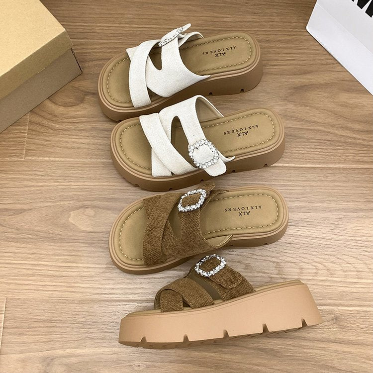 Thick Soled Sandals For Women In Summer, Retro Boken One Line Drag, Sponge Cake Beach Sandals For Outdoor Wear