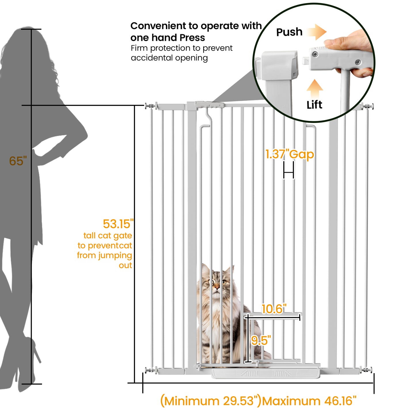 53.15  Extra Tall Cat Gate, 29.53 -40.16  Wide With Small Cat Door, Auto Close Safety Pet Gate, 1.37  Narrow Bar Spacing, NO Drilling Pressure Mount Kit For Cats And Dogs, White