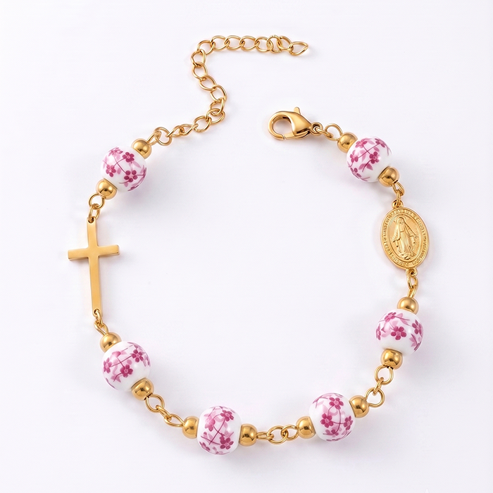 Ceramic Bead Cross Rosary Bracelet For Women, 18K Gold Plated Stainless Steel Miraculous Medal Virgin Mary Bracelet, Religious Faith Gift