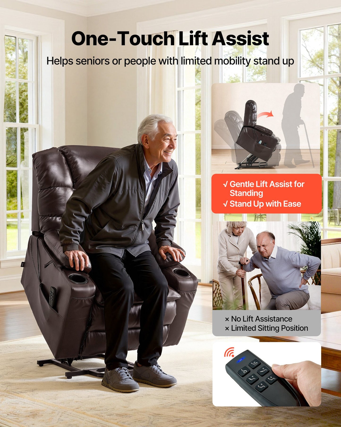 Power Lift Recliner Chair, Triple-Motor, Large Electric Lift Chair With Heat And Massage For Elderly, Infinite Position Adjustment, Leather Surface, With Storage Pockets And Cup Holders, Brown