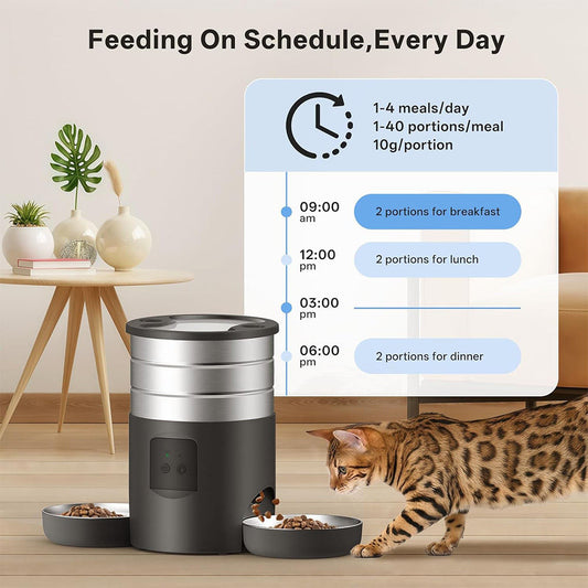 Automatic Pet Feeder Timed Quantitative 304 Stainless Steel Double Bowl Dispenser