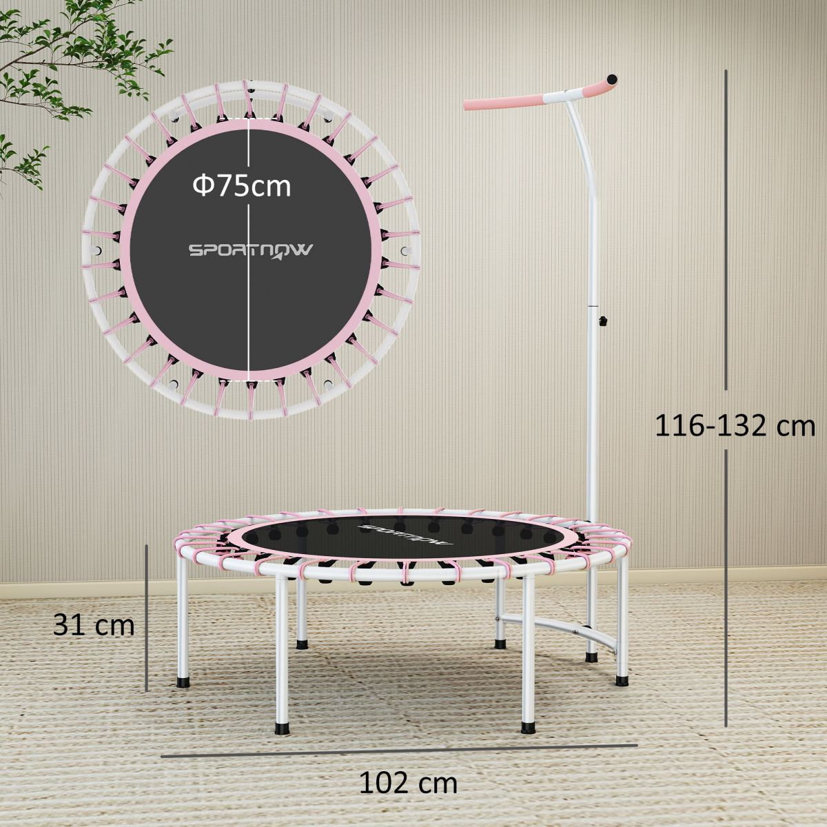 SPORTNOW 40 Fitness Trampoline, Mini Rebounder Trampoline For Adults With 5-Level Adjustable Handle, Indoor Exercise Bungee Rebounder, Max Load100KG
