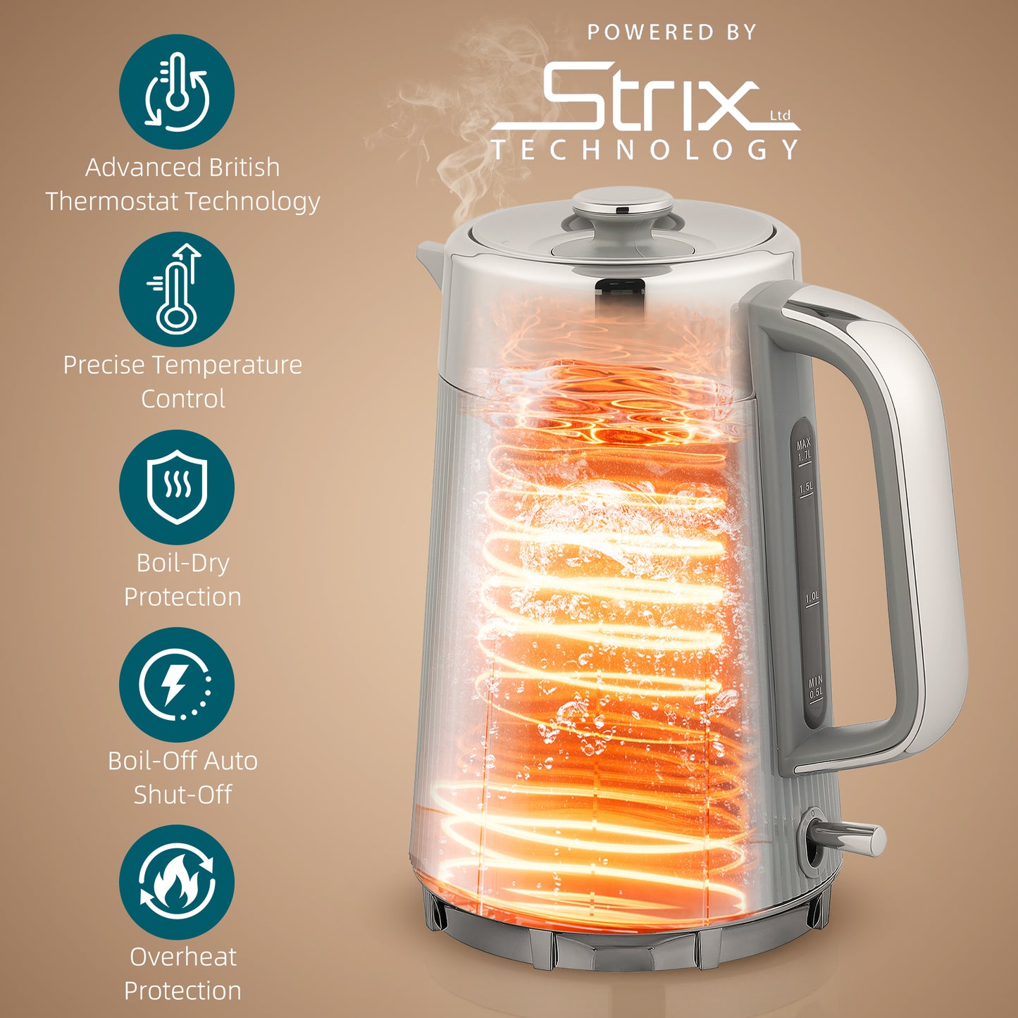 Electric Stainless Steel Kettle And Toaster Set, 3000W 1.7L UK Strix Thermostat Fast Boil Kettle W/ Limescale Filter, Cool Touch Body, 4 Slice Toaster With 7 Browning Levels, Crumb Tray, Taupe