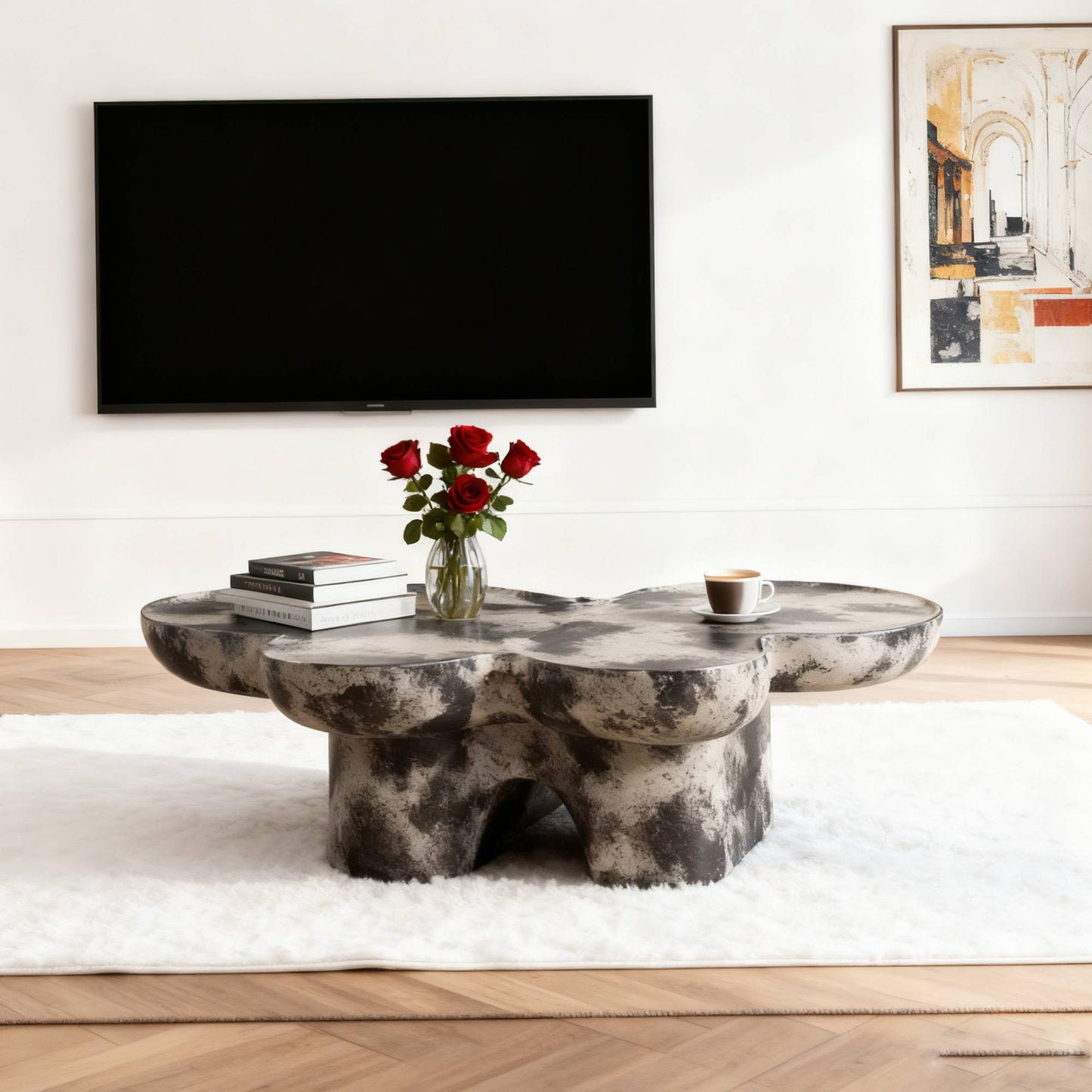 Butterfly Design Style, Coffee Table, Imitation Natural Limestone Material, Suitable For Living Room Office, Fiberglass, Black And Beige Combination.