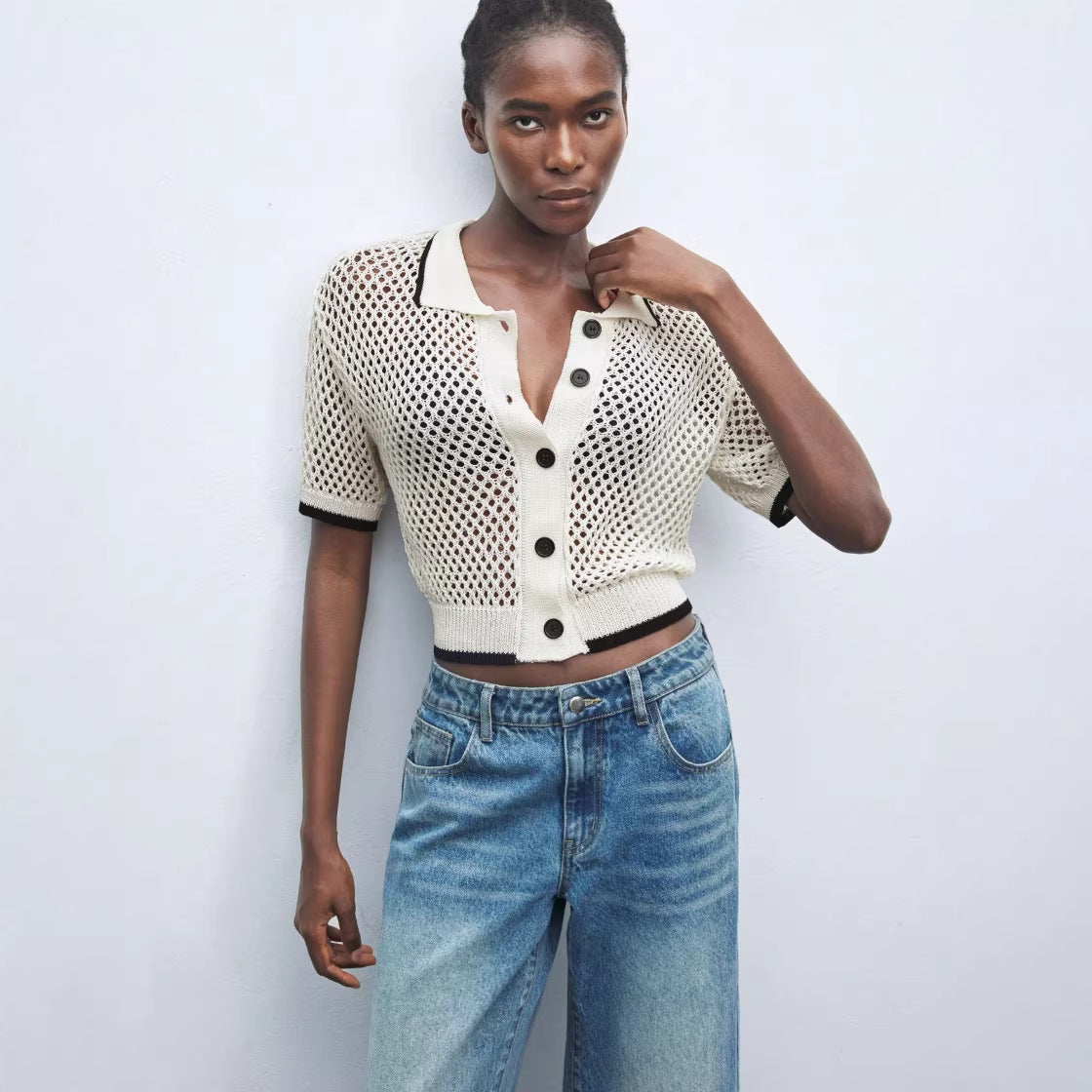 Womens Fashion Hollow-Out Lapel Knit Sweater