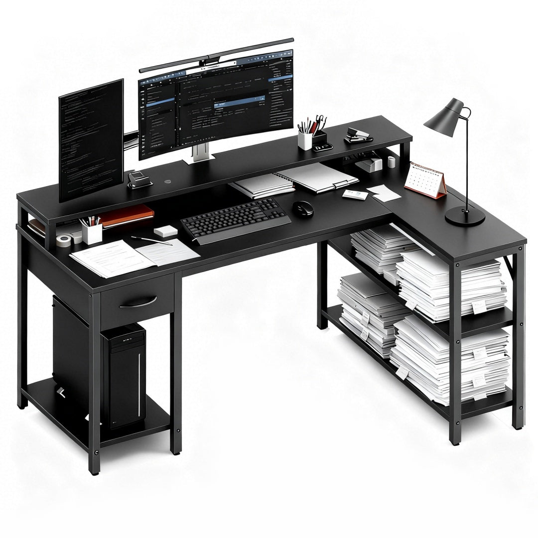 53-inch Gaming Table With USB Charging Port And LED Light, Reversible L-shaped Table With Power Socket And Monitor Stand