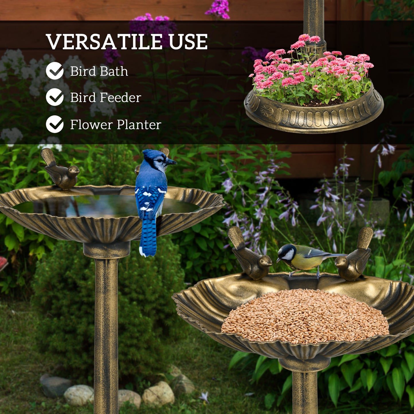 32" Antique Bird Bath Decorative Birdbath Bird Feeder Bowl With Planter Pedestal And Bird Statues, Bronze