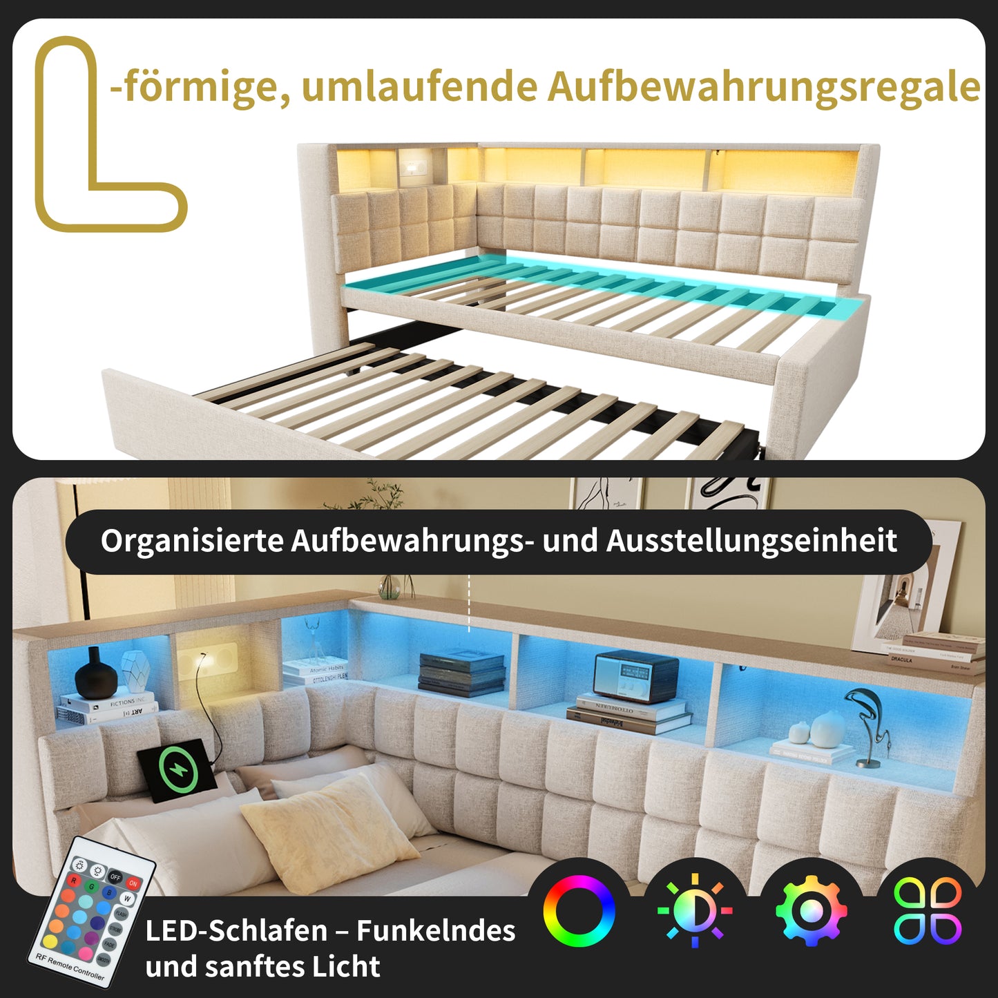 Linen Upholstered Bed 90x200 With Pull-out Bed 90x190, LED, Bluetooth Speaker, USB & Type-C Charging Port, L-headboard With Storage Shelf, Sofa Bed Guest Bed, Beige, Without Mattress