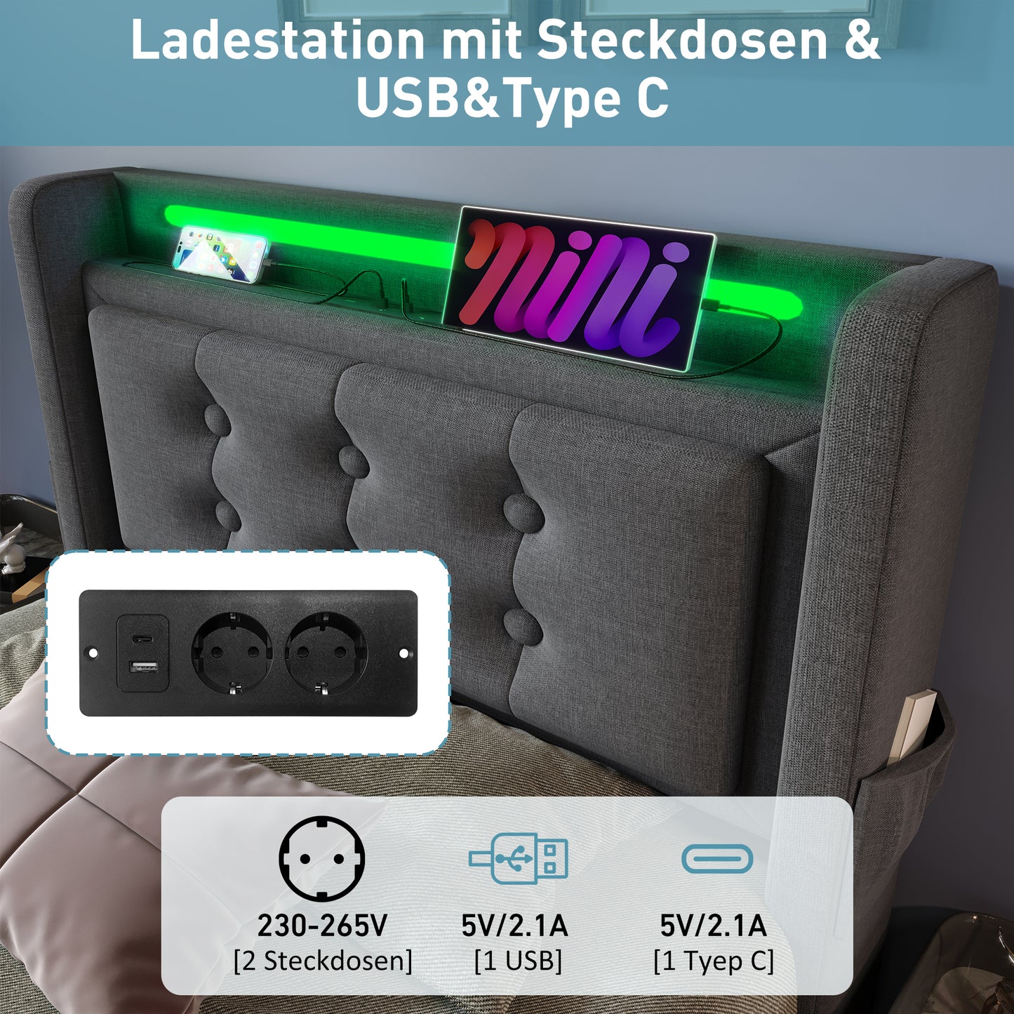 Upholstered Bed 90x200, Single Bed With LED Headboard And USB C Charging Function, Hydraulic Bed With Wooden Slatted Base And Metal Frame, Load Capacity 150 Kg, Grey, Cotton Without Mattress
