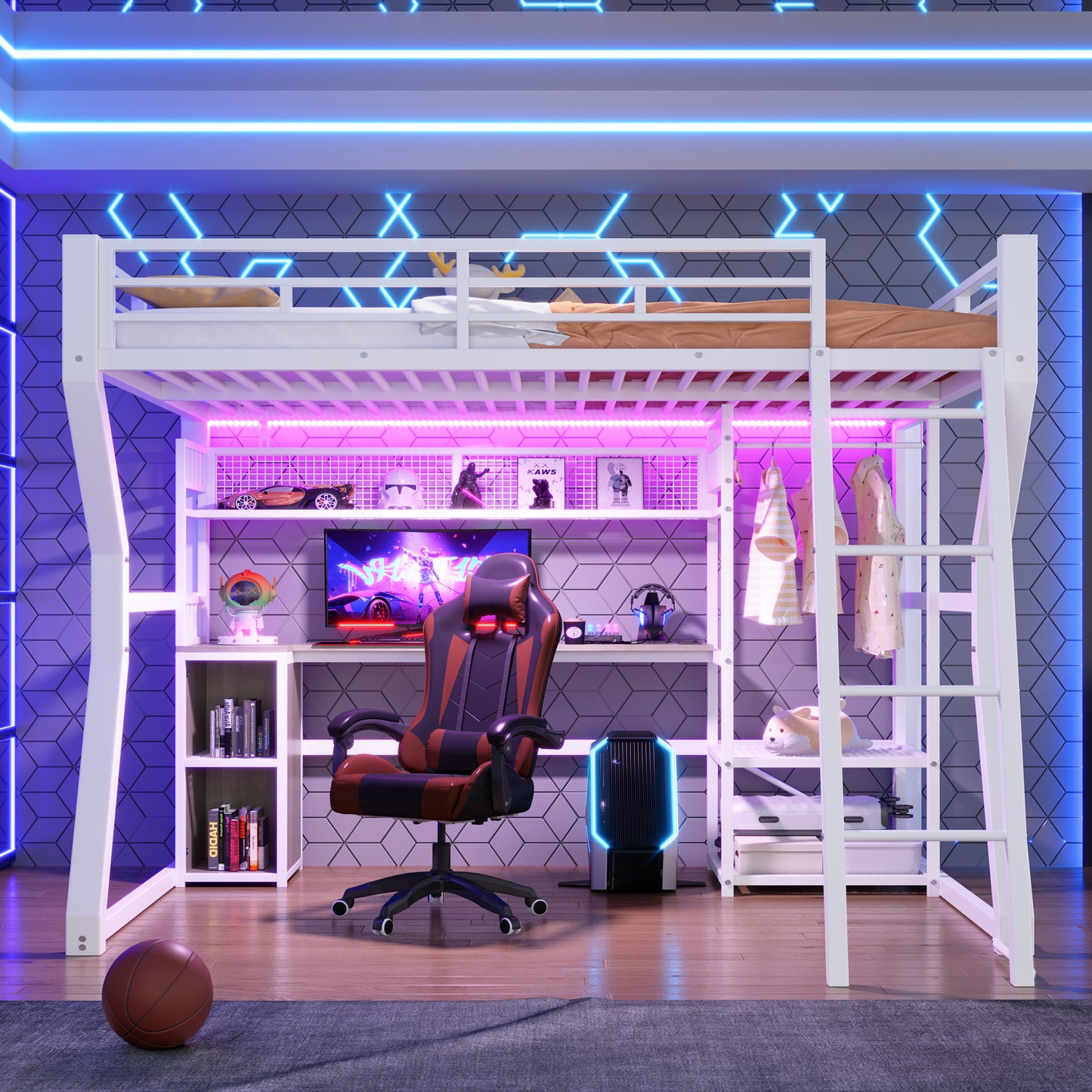 Loft Bed, 140 X 200 Cm, Iron Frame, With Light Strip, Socket, Clothes Hanging Area, Desk, Storage Compartments, Shelves, Open Space Under The Bed, Without Mattress, White