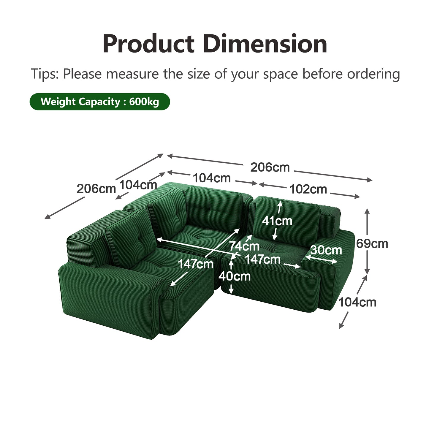 Frameless Sofa For Living Room, Office Sofa, Modular Combination Sofa, Comfortable Upholstered Corduroy Fabric Low-seat Sofa, No Assembly Required, Non-slip Design.Green