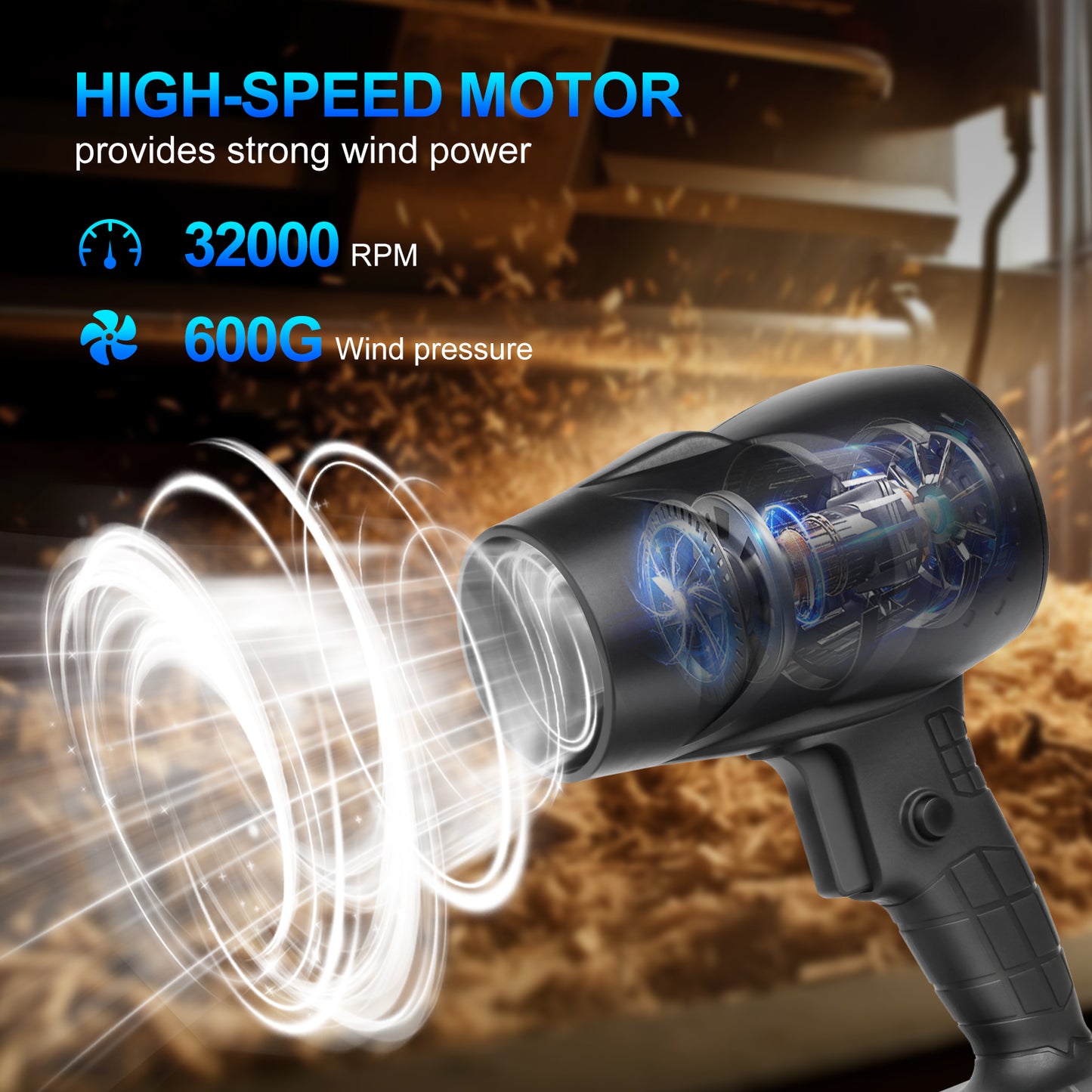 Storm Turbofan,21V Electric Portable Lightweight, 32000 RPM Adjustable Speed, Equipped With 2x1.5Ah Batteries And Fast Charger, Suitable For Lawn Care