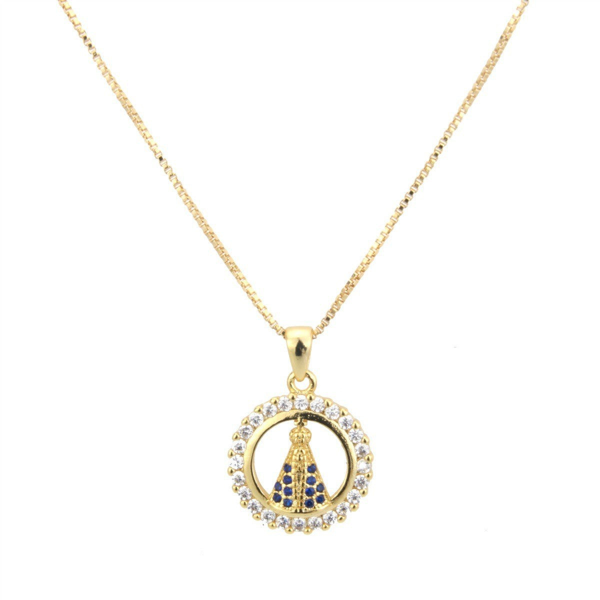 Premium 18K Gold Plated Necklace, Double Sided Madonna Crown Cross Zircon Pendant