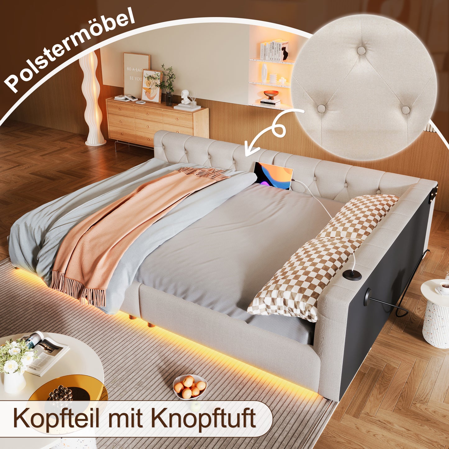 WX001034AAA Sofa Bed, Daybed, Daybed, 140x200cm, Sofa Bed With Slatted Base  Without Mattress , Ambient Lighting With Remote Control, Headboard With Button Tuft, Usb Type-c, Linen, Beige