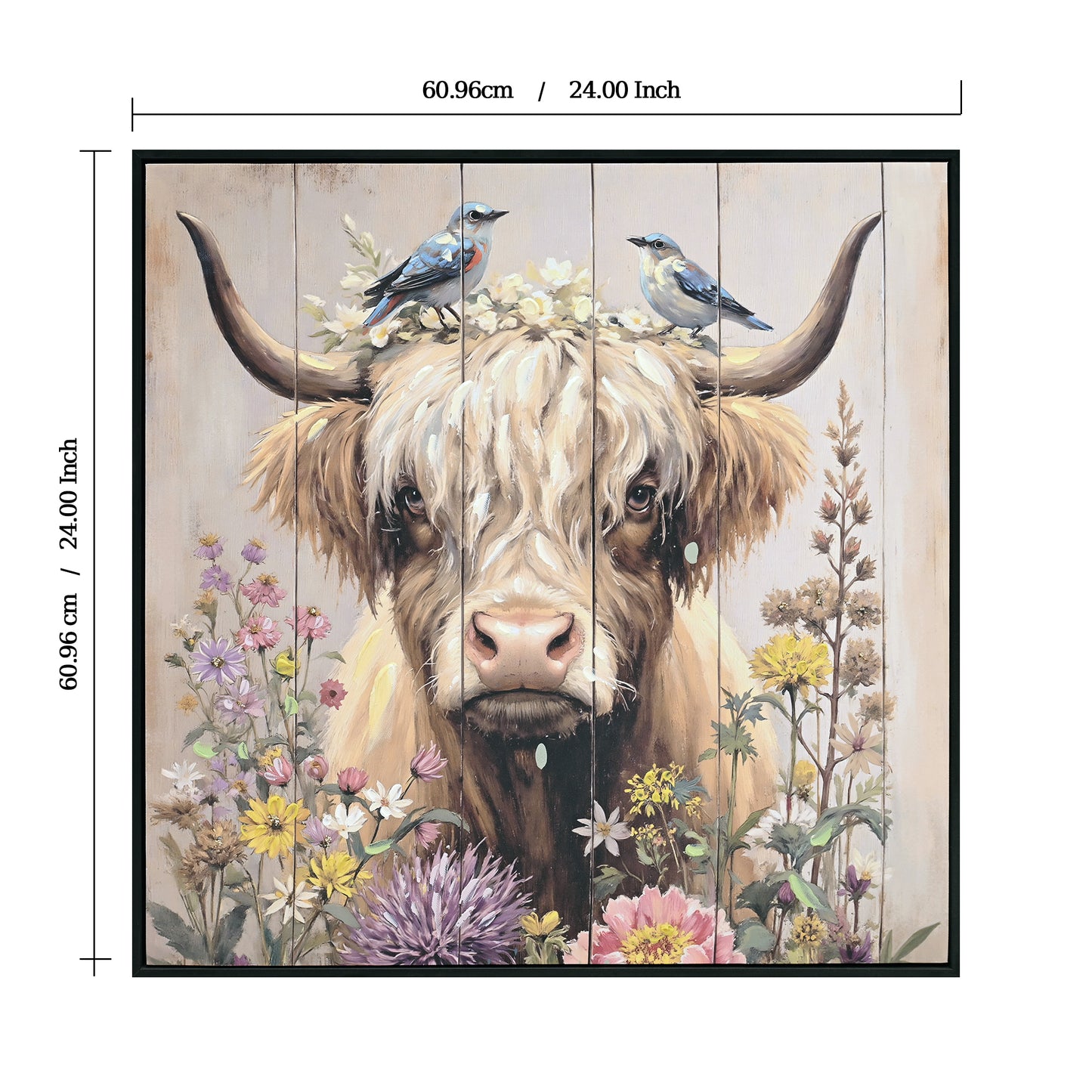 Farmhouse Highland Cow Wall Decor In Neutral Colour  Rustic Cow And Chrysanthemum Picture Canvas Art Print, Gift For Bathroom Or Kitchen, Ideal Animal Artwork For Living Room 24x24INCH