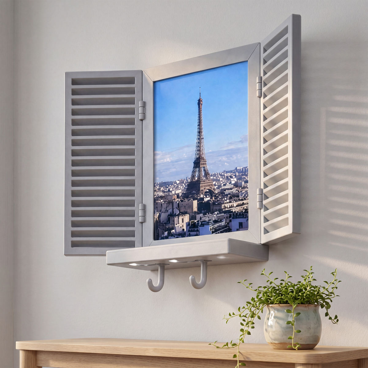 HOEXE Wall-Mounted Photo Frame Key Holder, Gray, Decorative Double Hook Key Storage