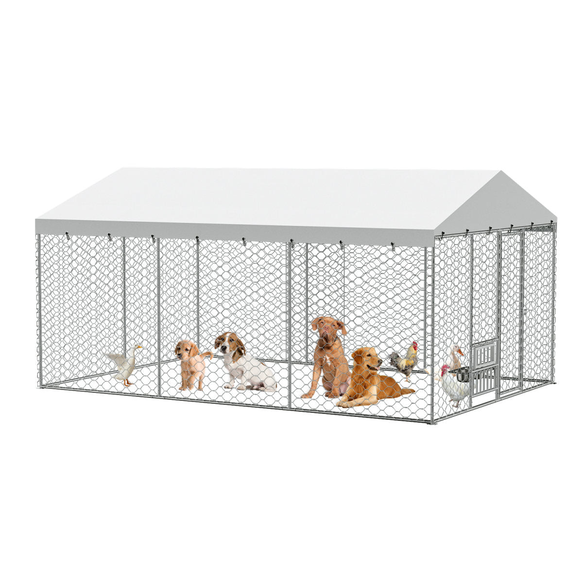 15x10 FT Large Outdoor Dog Kennel with Canopy, Heavy Duty Galvanized Steel Frame, Waterproof Cover, Built-in Elevated Feeding Bowls, Escape-Proof Lockable Pet Playpen for Large Dogs & Multiple Animal