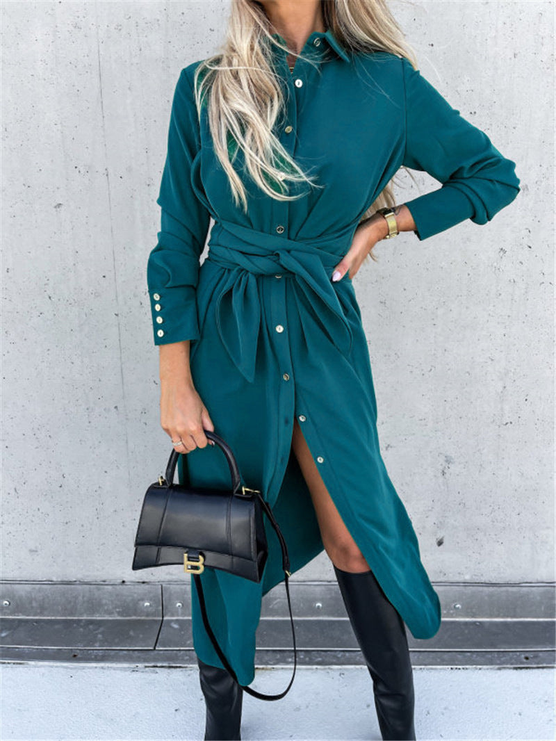 Women's Elegant Lapel Collar Long Sleeve Button Down Belted Shirt Dress, Casual Maxi Dresses With Slit For Office & Daily Wear