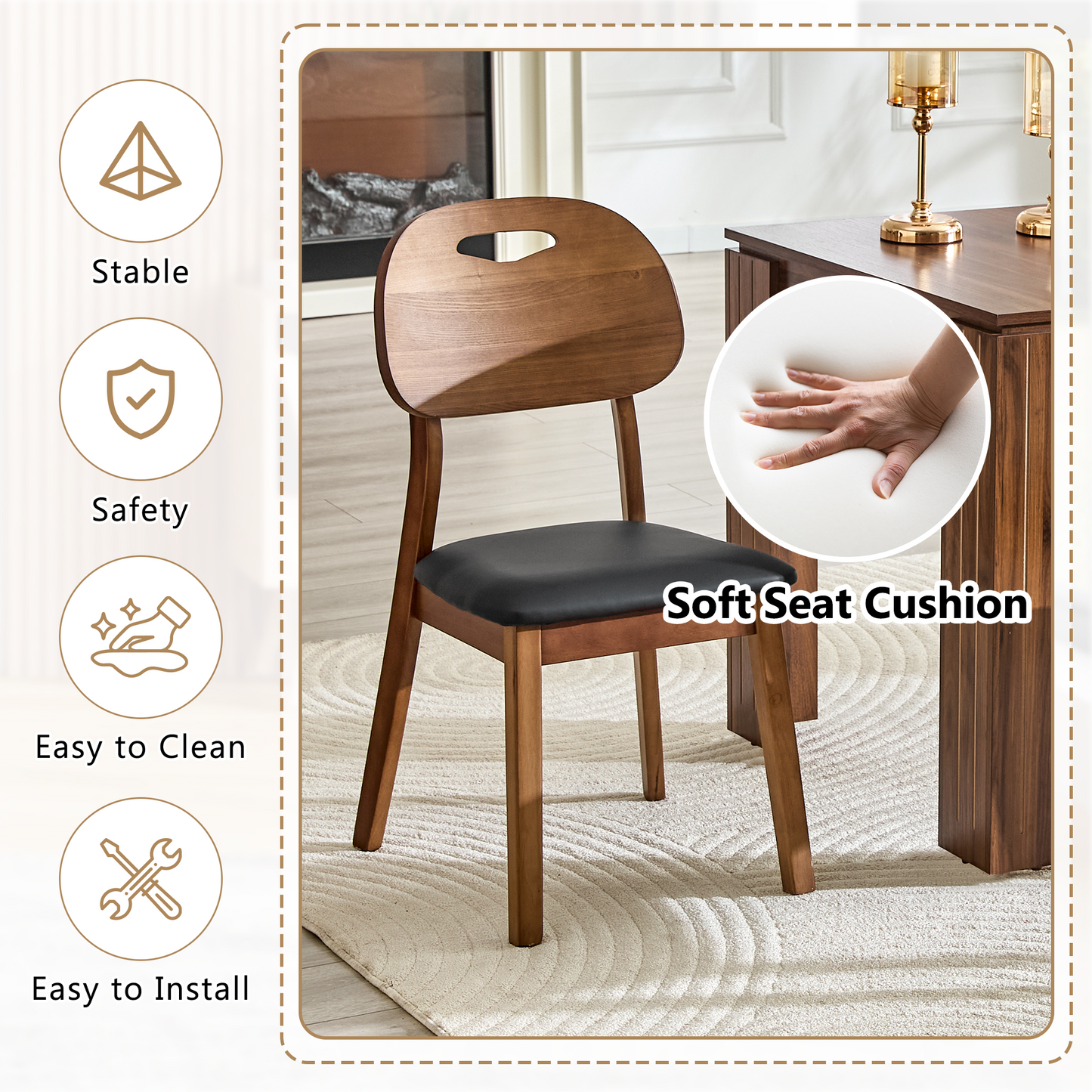2 Walnut Colored Solid Wood Dining Chairs, Black PU Soft Seat Cushions, Hollowed Out Backrests, And Home Dining Chairs.