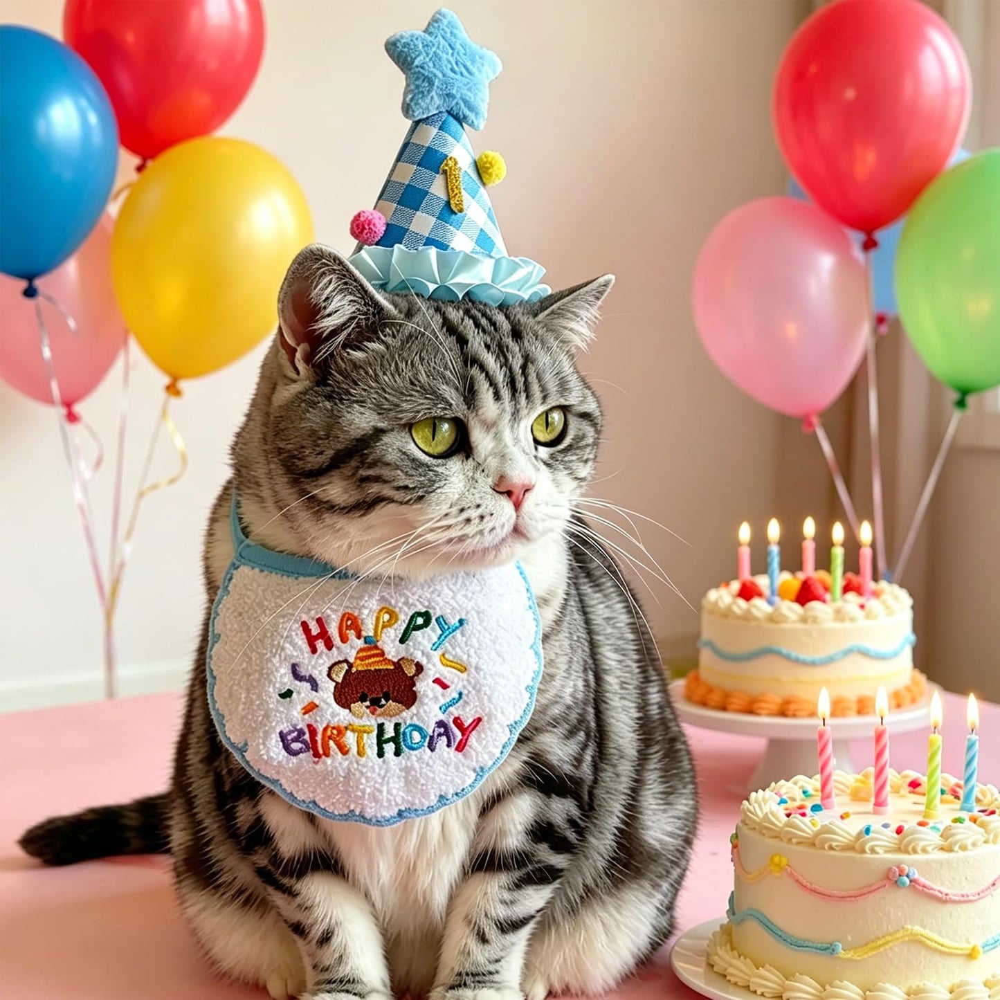Cat Birthday Party Supplies, Cat Birthday Hat With Number And Star, Embroidered Happy Birthday Bandana For Kitten Cats Small Dogs Decorations, Photo Prop Gift Outfit For Pet Birthday Celebration