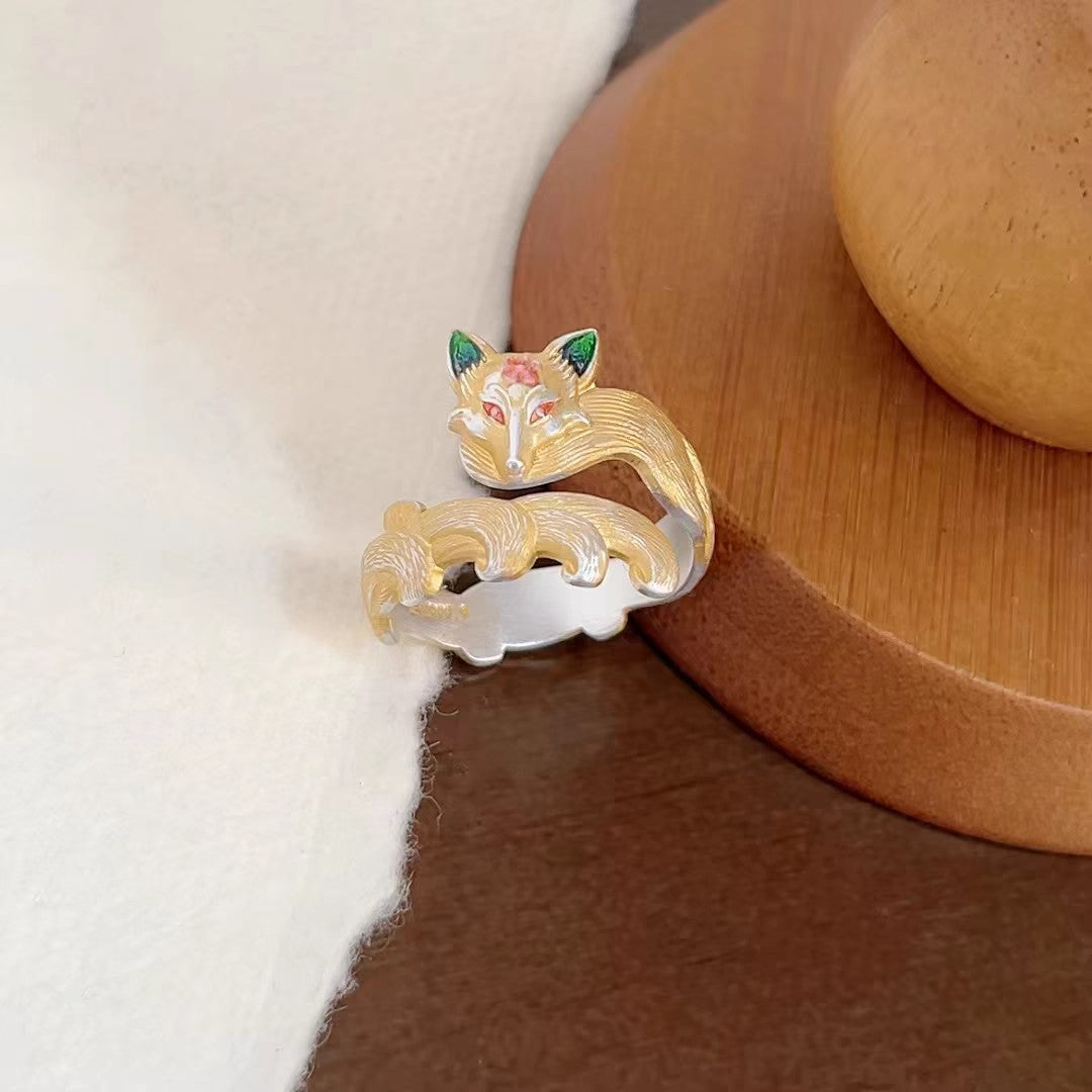 1pc 999.9 Sterling Silver Enamel Fox Open Ring, Retro Chinese Style, Perfect For Daily Wear & Valentine's Day Gift
