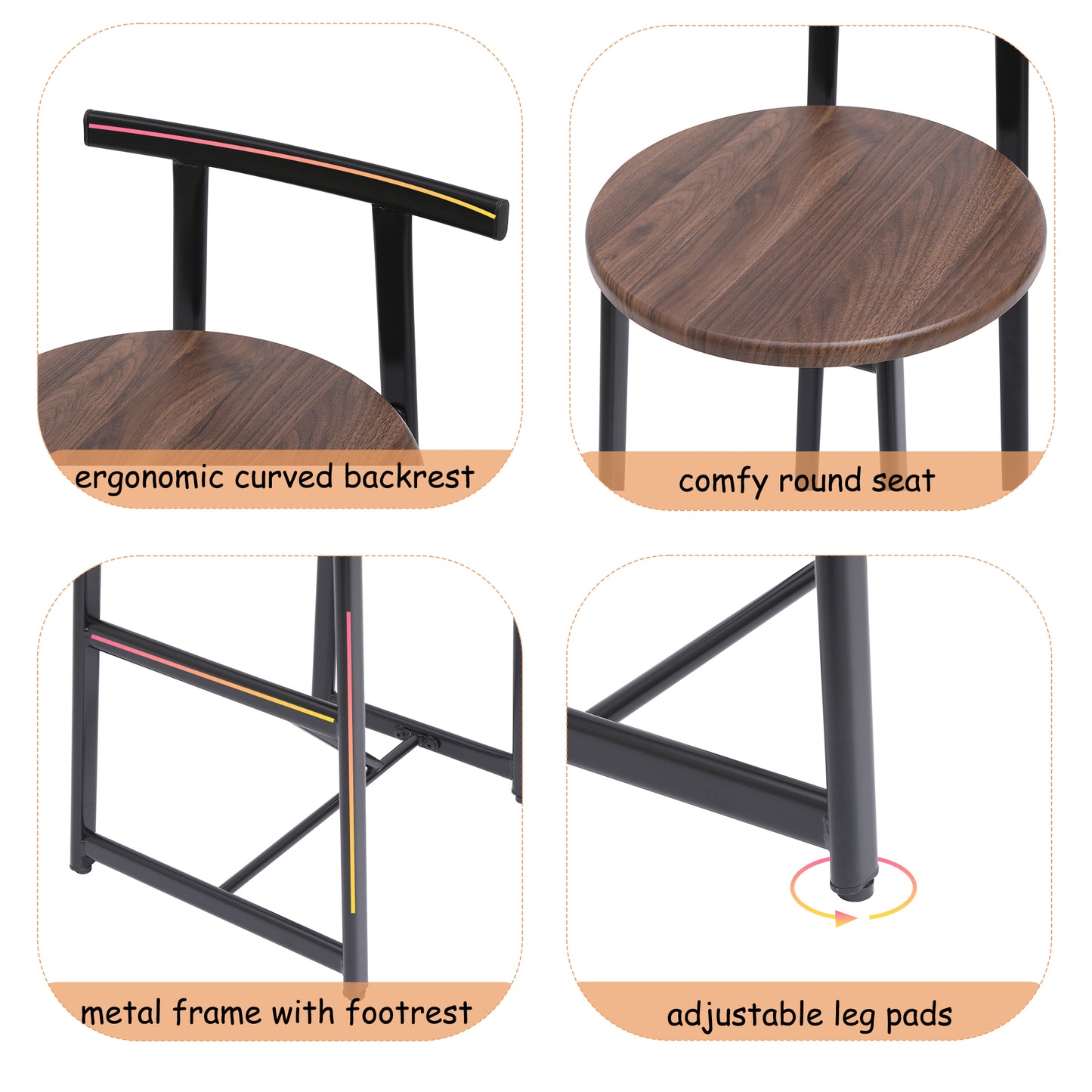 Bar Stool Set Of 3 Counter Height Barstools With Back Armless Dining Chairs For Kitchen Island  Black & Walnut Brown