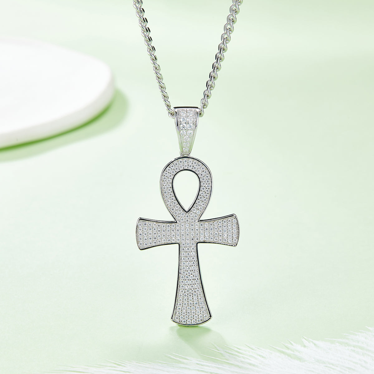 S925 Sterling Silver 240pcs D Color VVS1 Moissanite Iced Out Ankh Pendant 7.2g No Chain Platinum Plated GRA Certified Gift Box
