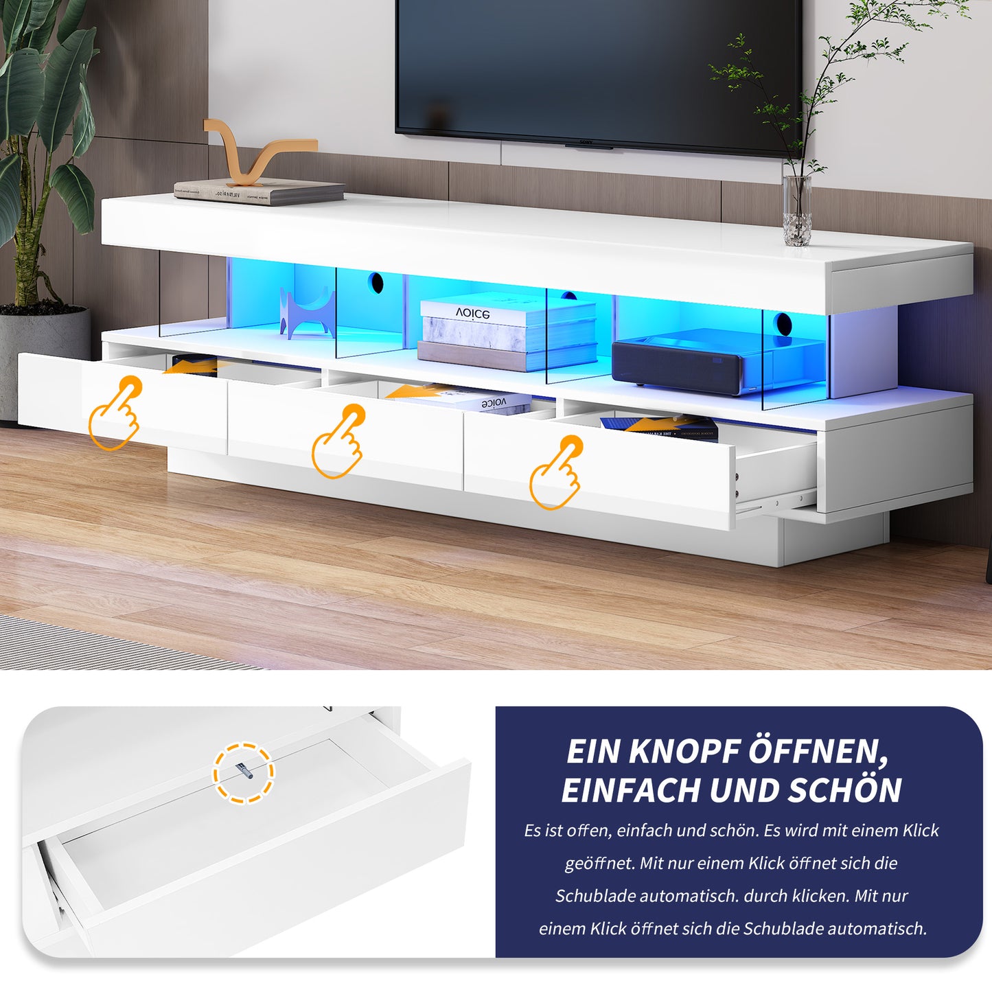 160x38x50.5cm White High Gloss TV Cabinet With 3 Glass Compartments, LED Lighting, App Control, Bluetooth Connected, For 70 Inch TV,High Gloss With Glass TV Stand,Smart TV Cabinet