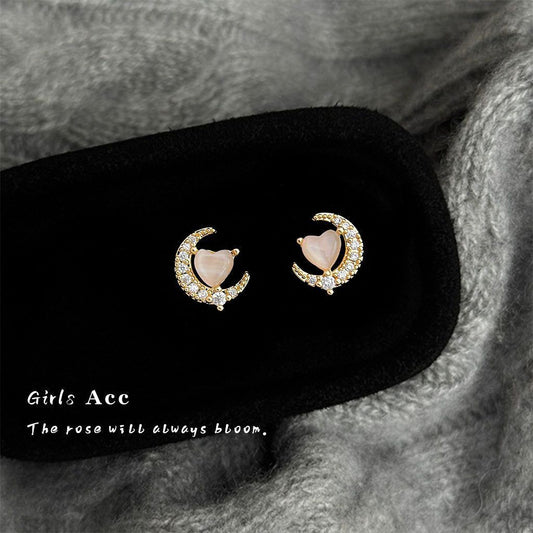 Korean Fashion Light Luxury Moon Stud Earrings For Women, Soft Sweet Fresh Style Cat's Eye Glass Stone Elegant Ear Jewelry