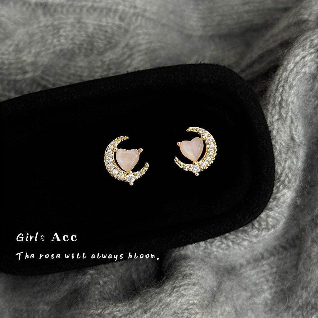 Korean Fashion Light Luxury Moon Stud Earrings For Women, Soft Sweet Fresh Style Cat's Eye Glass Stone Elegant Ear Jewelry