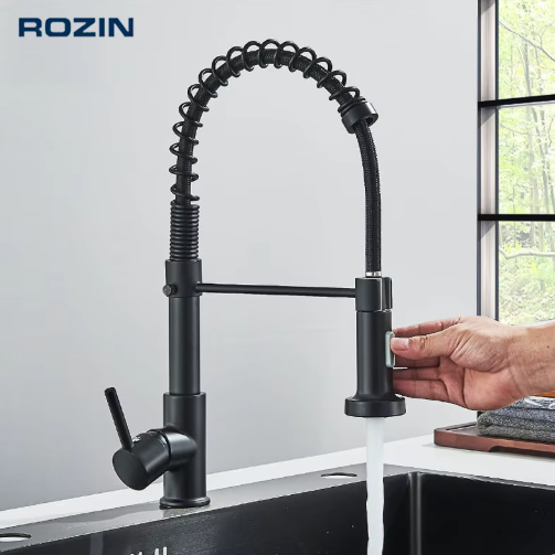 Rozin Matte Black Kitchen Faucet Deck Mounted Mixer Tap 360 Degree Rotation Stream Sprayer Nozzle Kitchen Sink Hot Cold Taps