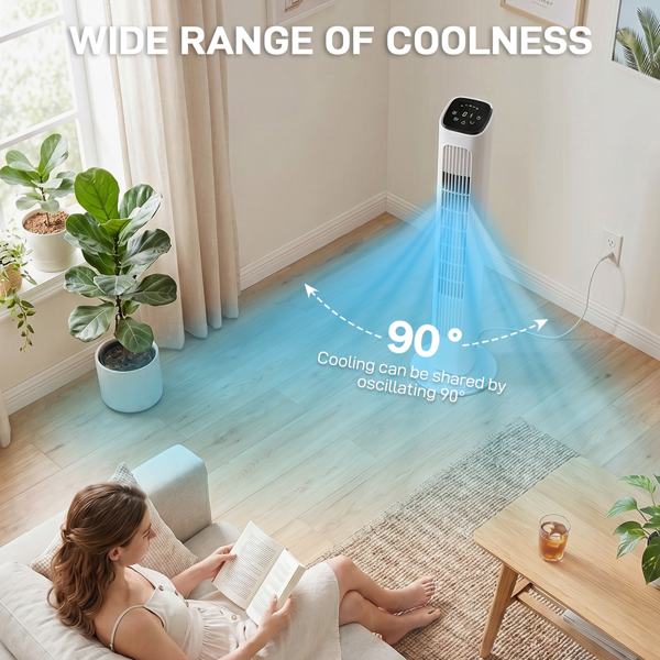US Standard RTW-GR36 Tower Fan, 110V 45W, 36 Inch, Column Shape, White Plastic Body, Copper Motor, Touch & Remote Control, 3 Speeds, 3 Modes, Oscillating Function, 9-Hour Timer, For Home Use