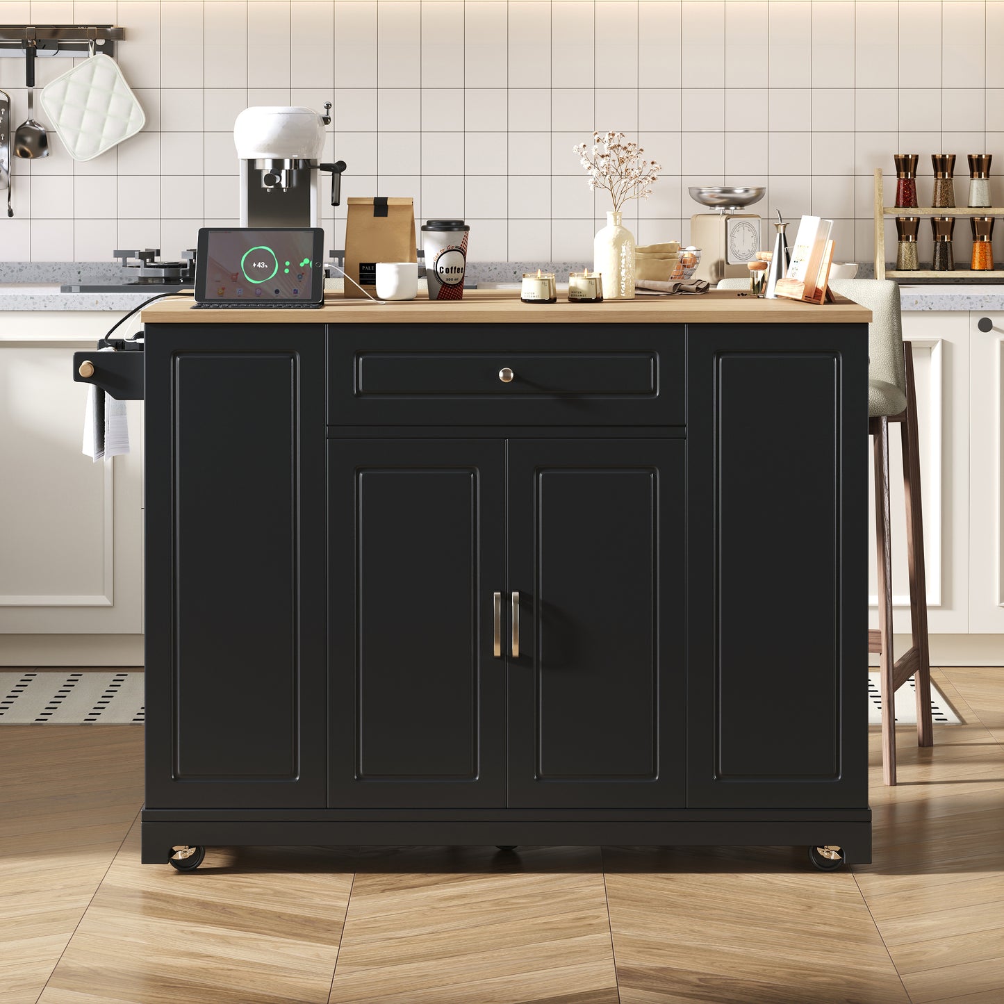 Kitchen Island With Wheels, Extendable Dining Area Kitchen Island With Multifunction Drawers And Waste Bin Compartment, Mobile Kitchen Island Ideal For Kitchen And Dining Room Black