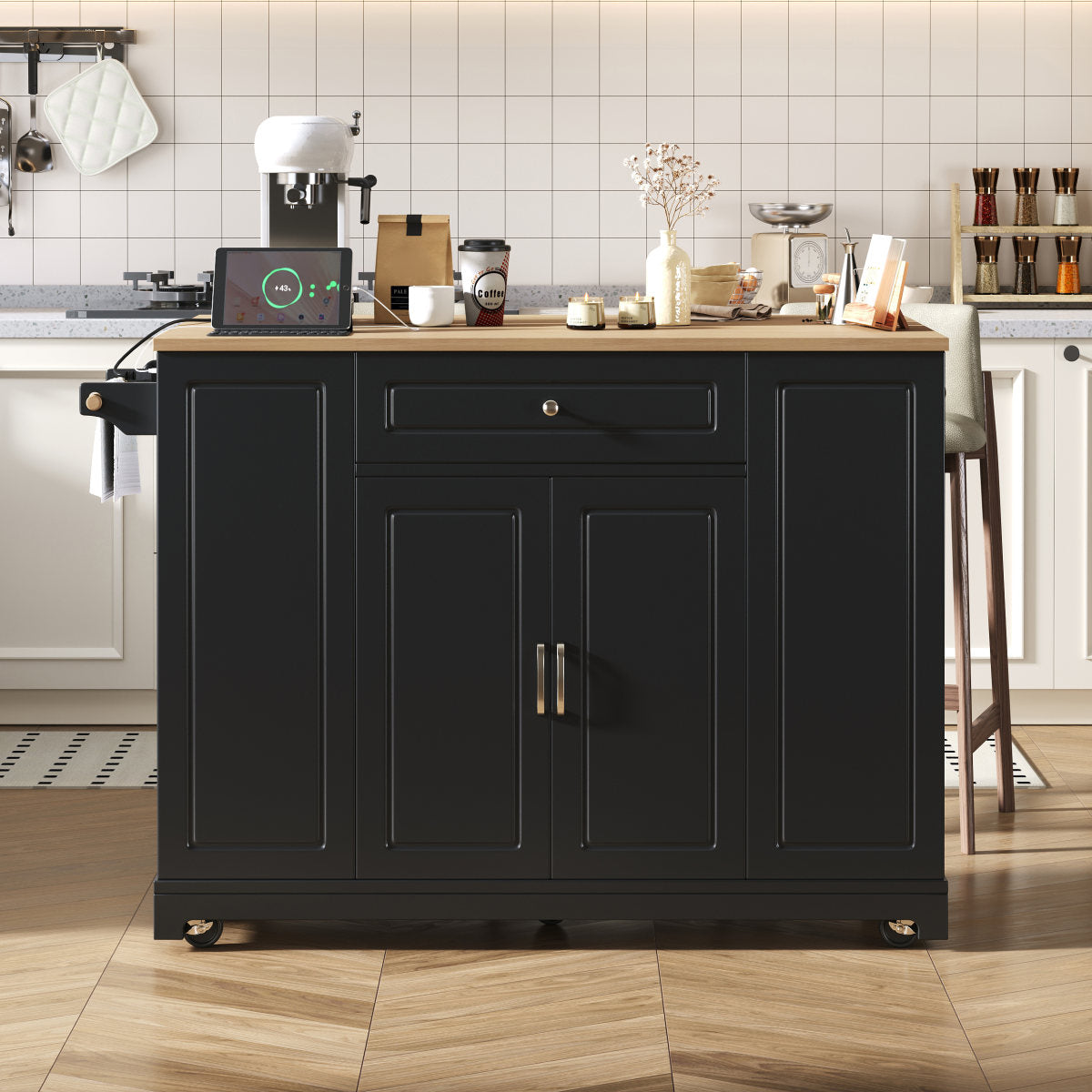 Kitchen Island With Wheels, Extendable Dining Area Kitchen Island With Multifunction Drawers And Waste Bin Compartment, Mobile Kitchen Island Ideal For Kitchen And Dining Room Black