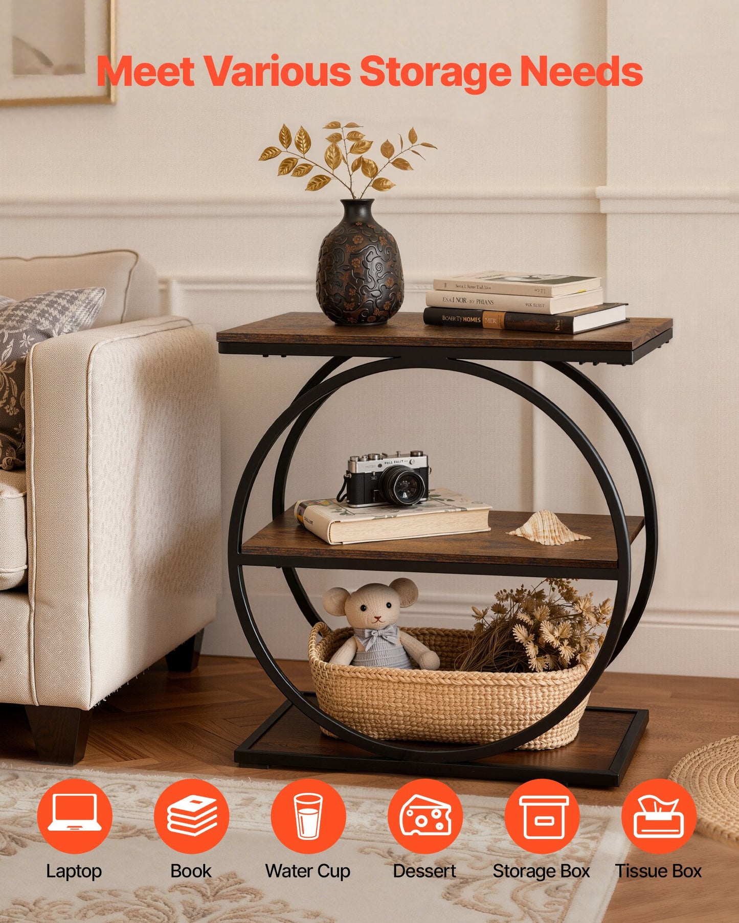 End Table, 3-Tier Narrow Side Table With Open Storage Shelves, Modern Nightstand Bedside Desk With Round Metal Frame, Wood Sofa Coffee Desk For Living Room, Bedroom, Office, Rustic Brown