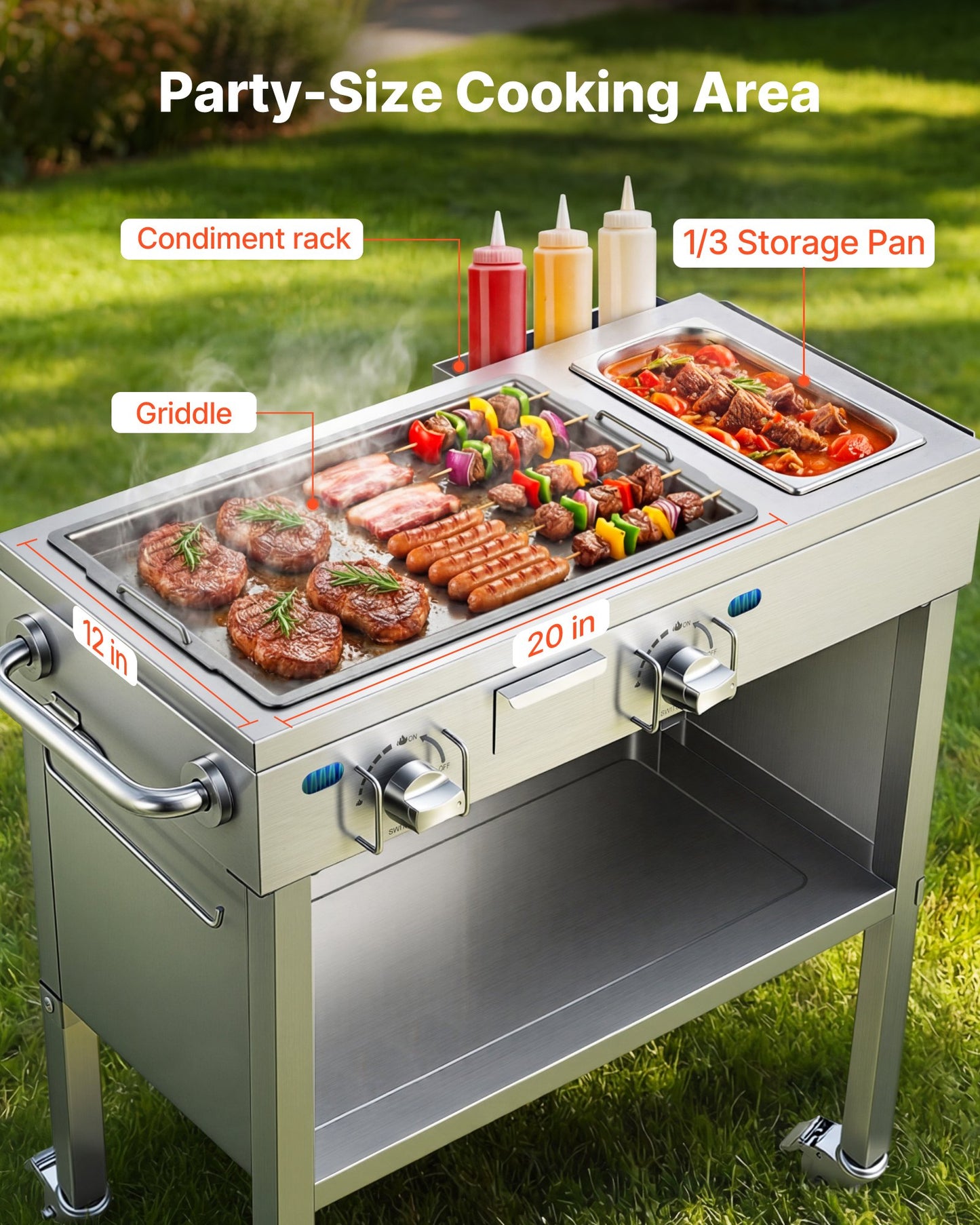 Outdoor Propane Griddle, 2 Burners (11,600 BTU Each), Commercial Stainless Steel Gas Griddle Cart With 4 Lockable Wheels, 1/3 Food Pan, Easy-Grip Side Handle, Ideal For Hot Dogs, Burgers & Meats