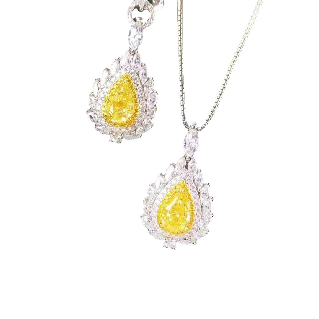 New Luxury Pear-Shaped Yellow Pendant, Micro-Encrusted Rose-Pink Crystal Earrings, Open Ring, Colored Gemstone Necklace