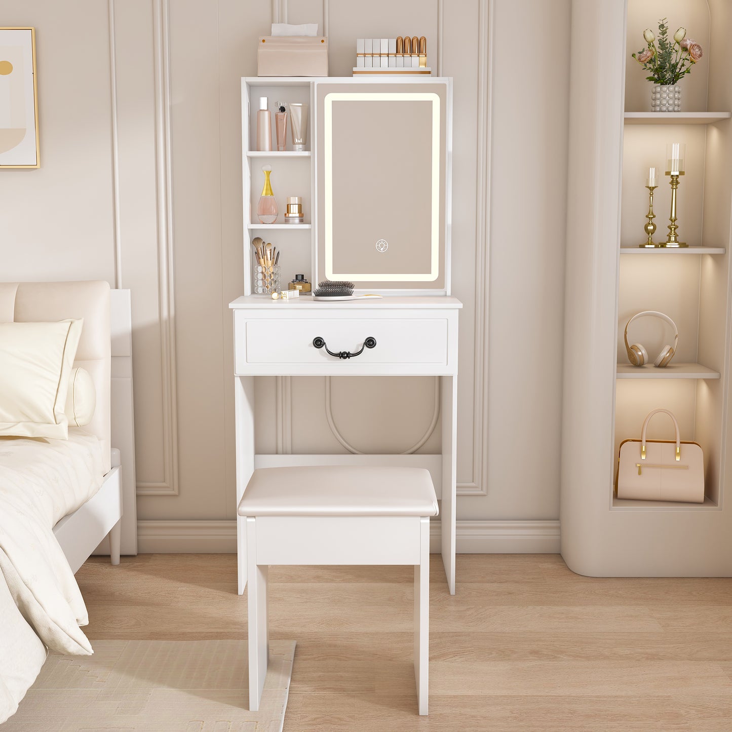 Modern Mini Dressing Table With LED-lit Mirror & Hidden Storage,Includes Padded Stool,Adjustable Brightness Vanity Desk,Multi-tier Dust-proof Shelves,White
