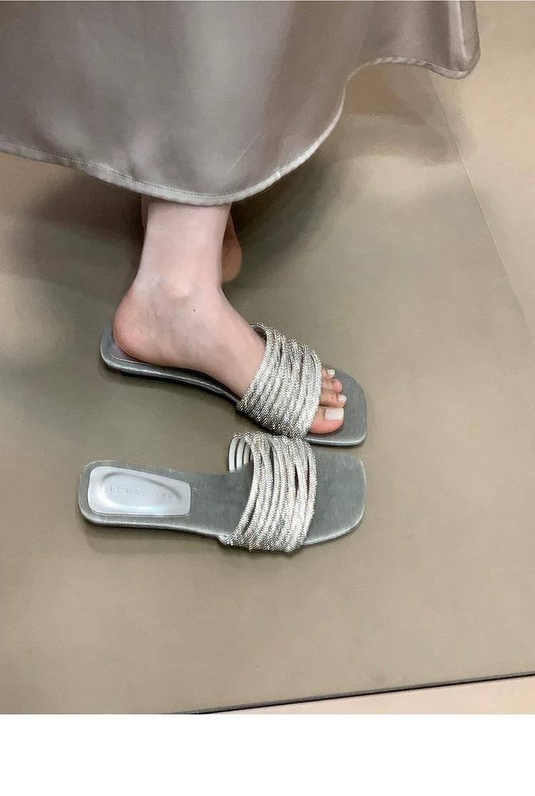 Women Rhinestone One Strap Slides, Fairy Style Sweet Vacation Outdoor Summer Sandals For Dresses