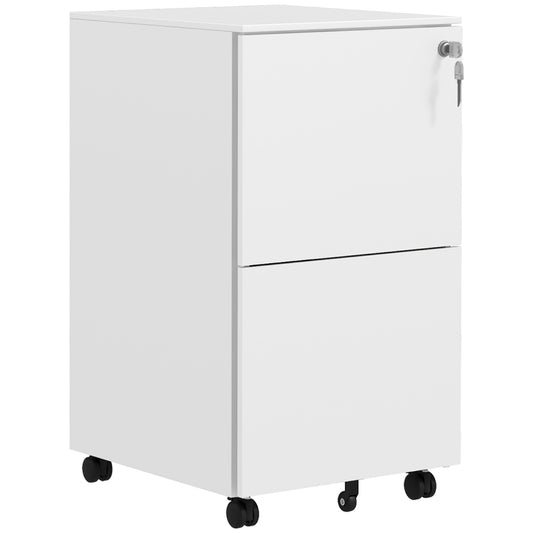 Vinsetto 2-Drawer Vertical Filing Cabinet With Lock And 5 Wheels, Steel Mobile File Cabinet, For A4, Legal And Letter Size, Pre-Assembled Body, White