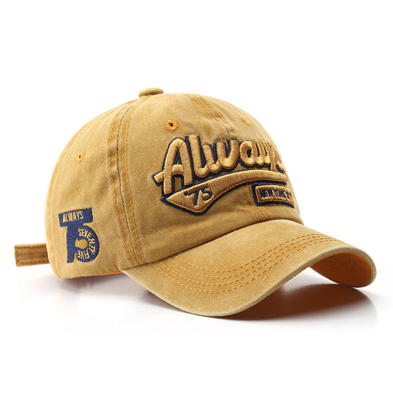 Monochrome Three-dimensional Letter Embroidery Washed-out Distressed Retro Street Style Peaked Cap. Suitable For Outdoor Travel And Shopping.