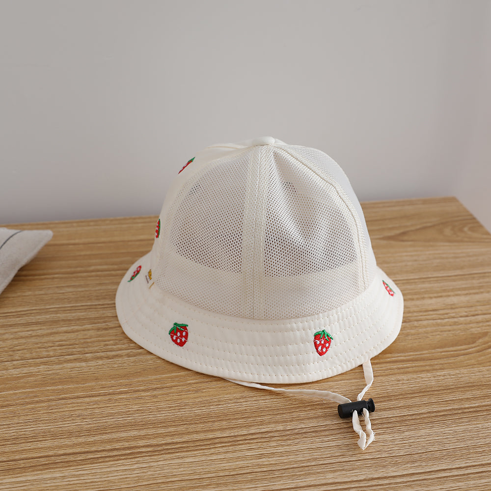 Single-color Strawberry Embroidery Adjustable Patchwork Netting Breathable And Cool Fashion Children's Fisherman Hat For Outdoor Travel And Play