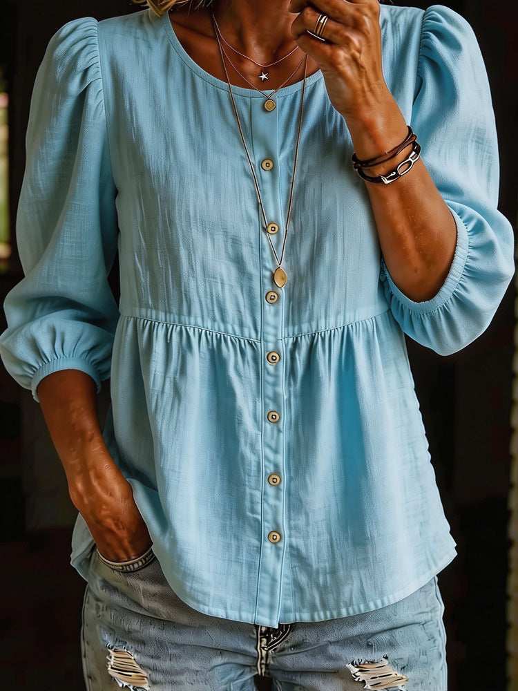 Casual Fashion Solid-Color Three-Quarter-Sleeve Crew-Neck Button-Down Shirt