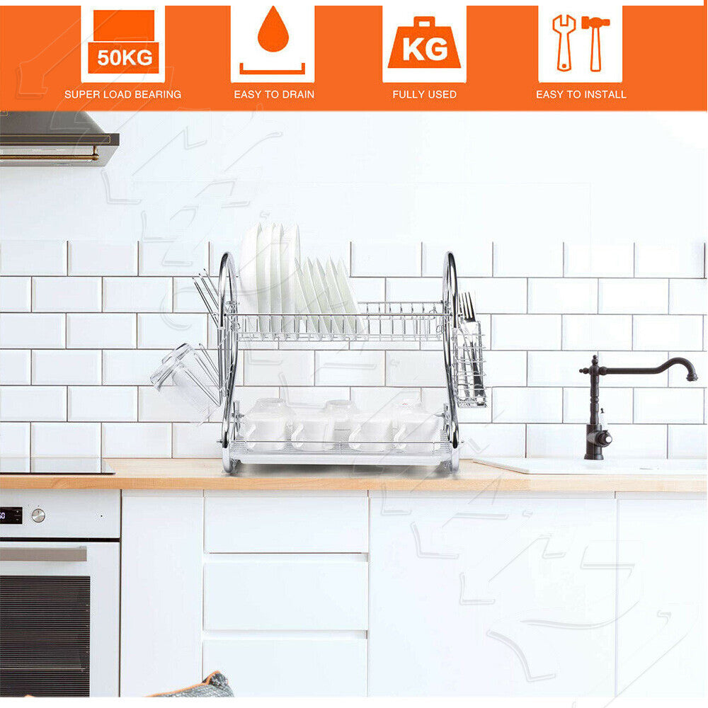 2 Tier Dish Drying Rack Drainer Cup Plate Holder Cutlery Tray Kitchen Organizer
