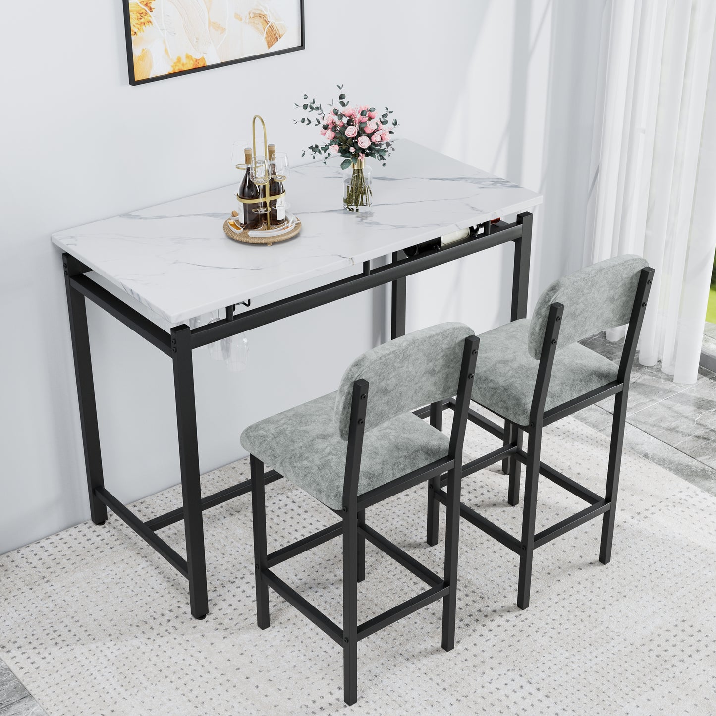Modern Dining Table And Chairs For 2, Marble Finishes Dining Table Set With 2 Upholstered Chairs, Kitchen Table Set Bar Pub Set For Breakfast Nook, Dining Room, Rustic Black, Grey Chair
