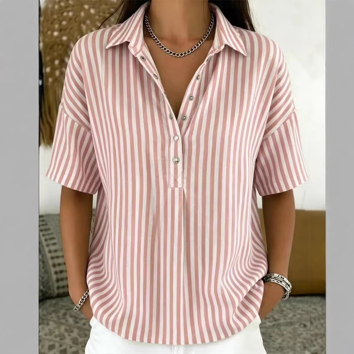 Womens Fashion Casual Striped Short-sleeve Shirt