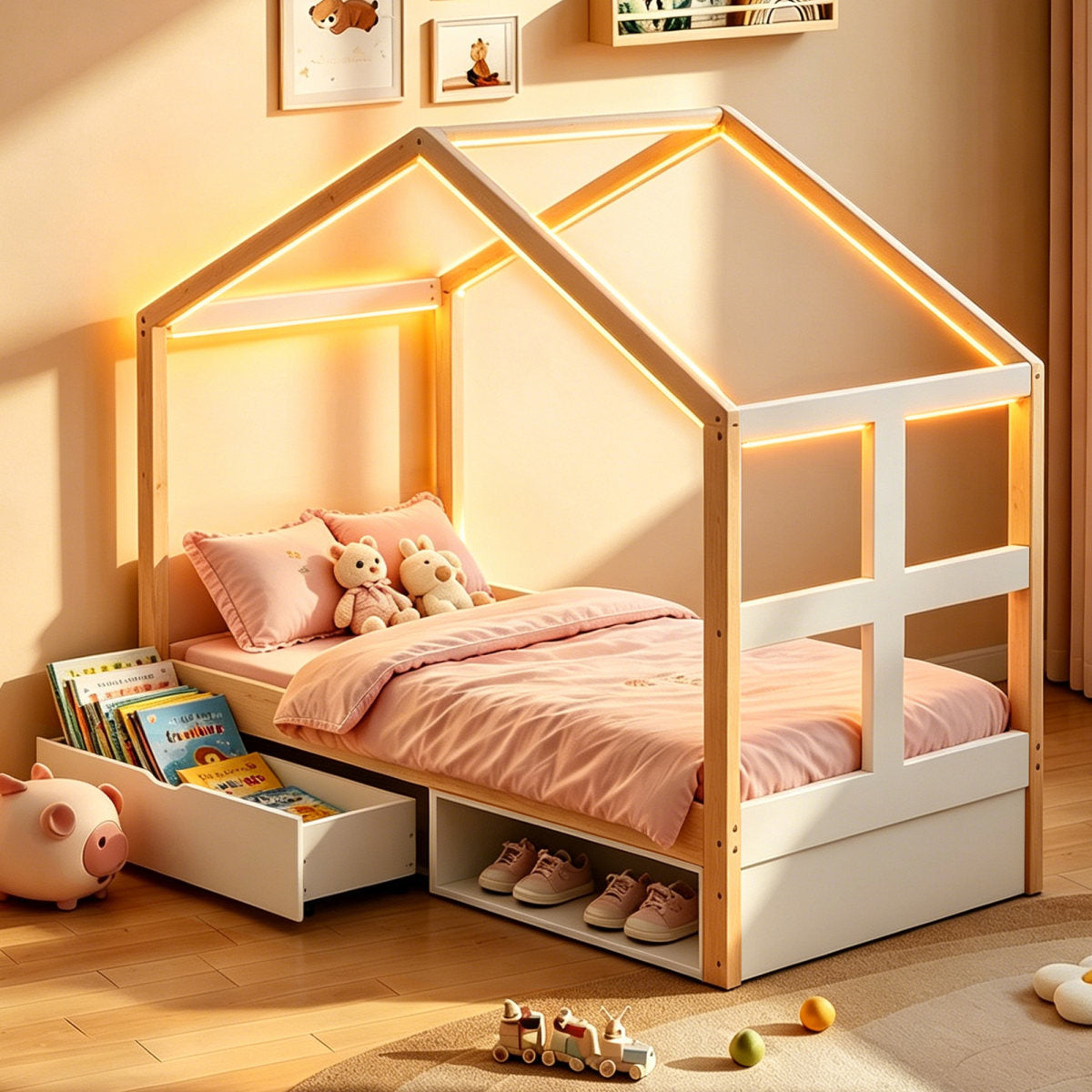 Wooden Bed 90x190 Cm, With Drawers And Small Shoe Cabinet, With Multi-coloured LED Lighting, Slatted Frame, Single Bed, Youth Bed, Wood Colour