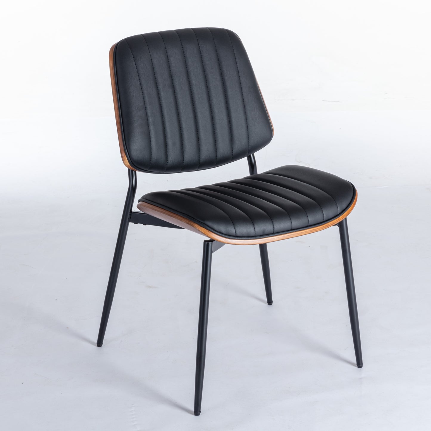 Dining Chairs Set Of 2 Mid Century Modern Retro Faux Leather Chair With Walnut Bentwood Back Upholstered Seat Metal Legs Adjustable Foot For Kitchen Dining Room Chairs Black PU ,DE1849BK